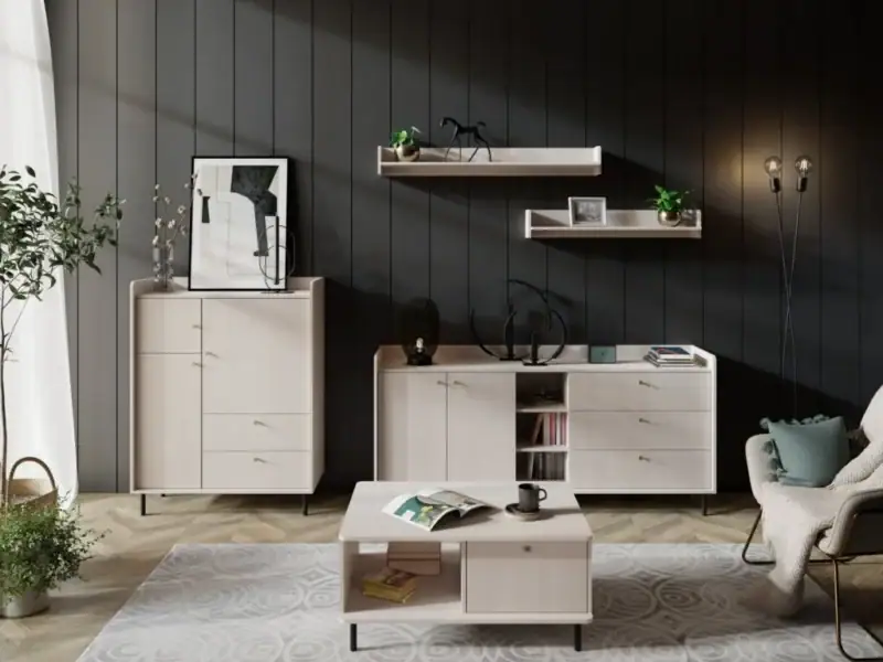 Stylish white storage units and wall shelves in a modern living room setting.