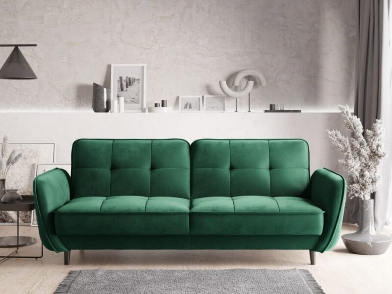 Stylish green velvet sofa displayed in a modern, minimalist living space by Agnes Furniture.